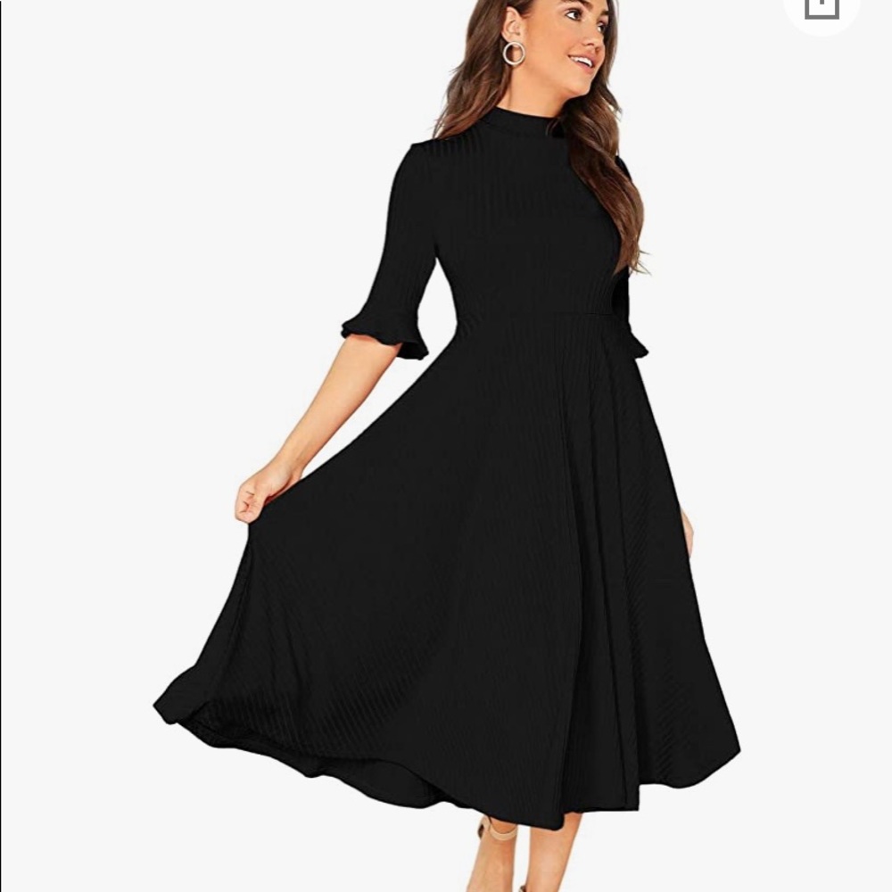 Verdusa Women's Ribbed Knit Bell Sleeve Fit and Flare Midi Dress black nwot XL